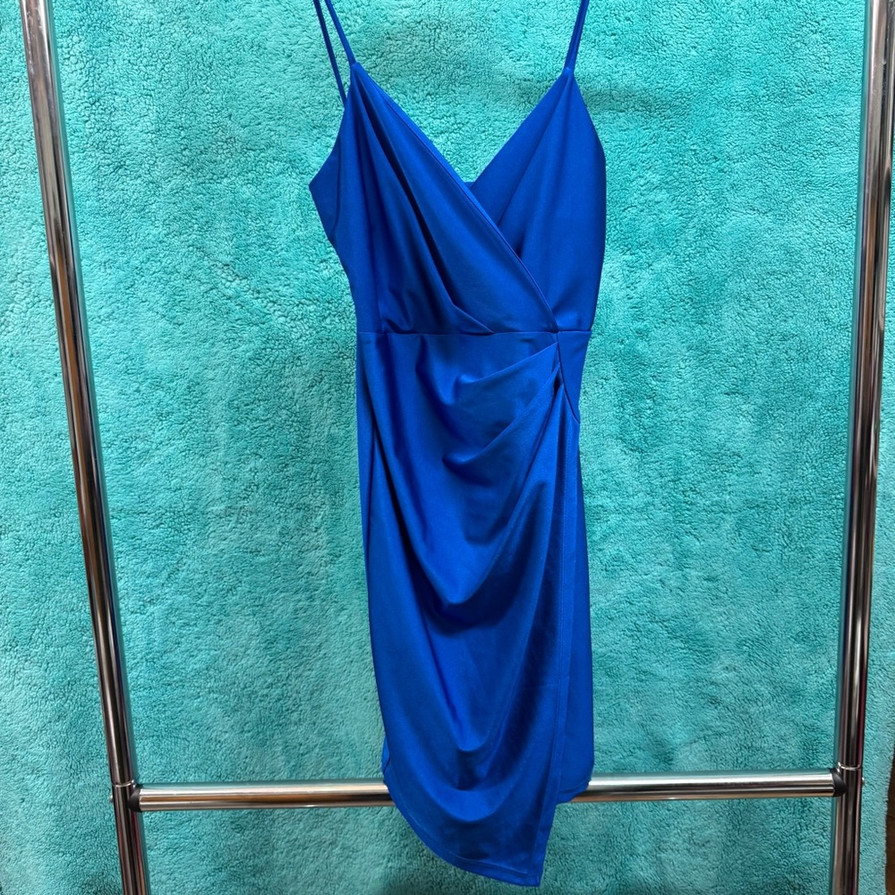 ELH Studio Blue Draped V-Neck Spaghetti Strap Dress Sz M